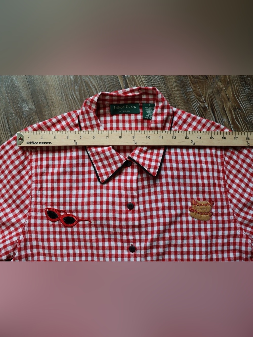 Red Gingham Picnic Novelty Applique Rockabilly Blouse Top Womens Large - Picture 13 of 16